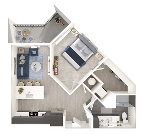 Floor plan for 1 bed, 1 bath, 696 sqft